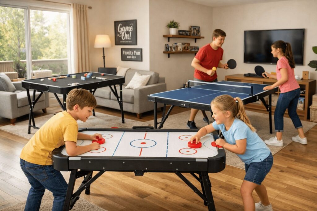 A modern folding air hockey table with wheels in a bright game room.